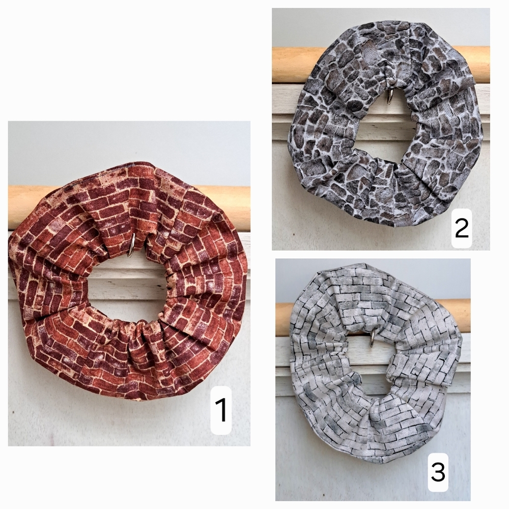 ONE Cotton Scrunchie Hair Tie White and Red Bricks Gray Stones Pattern